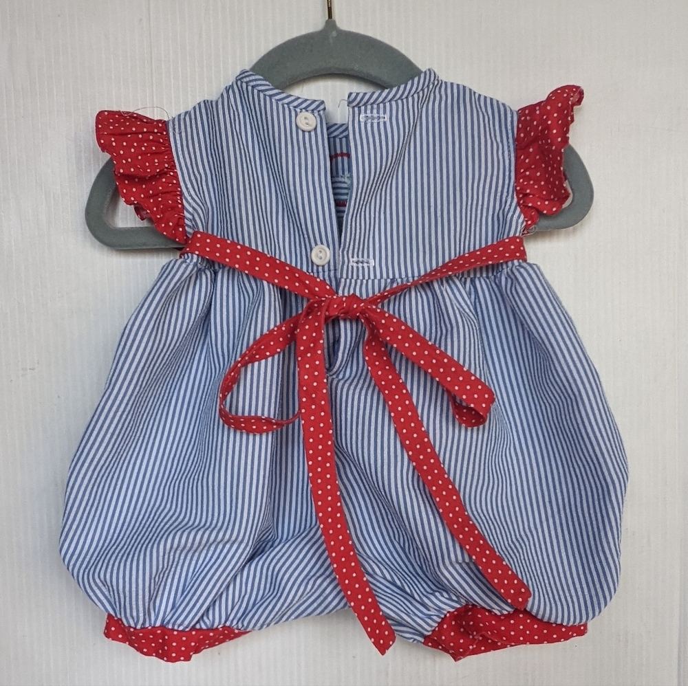 VINTAGE baby girl blue white seersucker flower applique romper - Picture 4 of 8